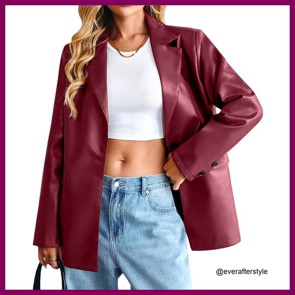 Oversized Faux Leather Blazer Bomber Jacket Classic Lapel Button Down Coat